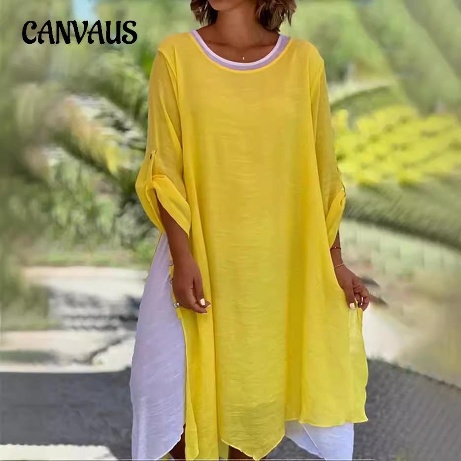 

Плюс размер модное платье из двух частей с круглым вырезом и длинными рукавами, асимметричное женское платье на весну и осень