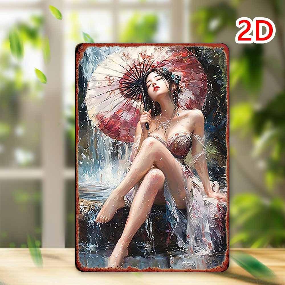 

HD Metal Tin Sign Elegant Asian Woman in Traditional Oil Painting Style with Red Floral Umbrella Posing by Waterfall Vintage Wal 20x30cm（7.8x11.8inch）