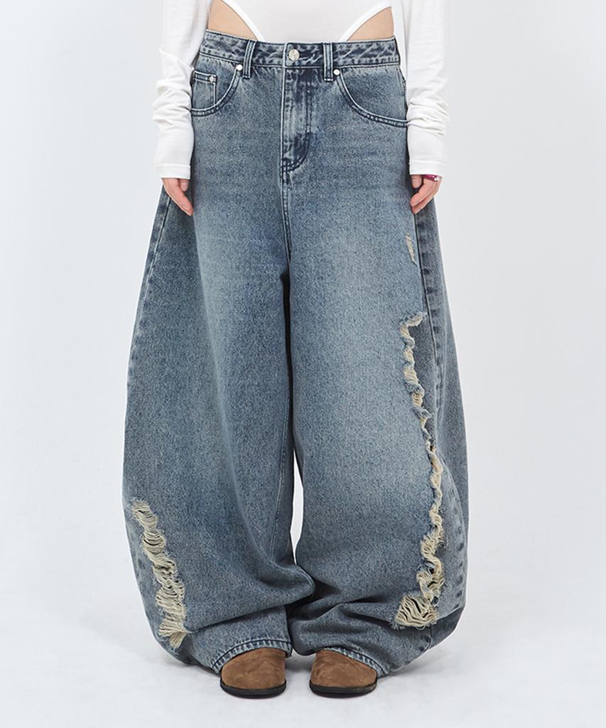 Sekeondeusolteu Balloon Damaged Denim Pants (Vintage Blue)