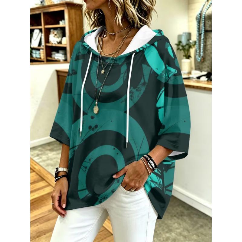 Damen Kapuzenpullover mit Dreiviertelärm, locker, Retro-Blumenmuster, lässiges Urlaubs-Top