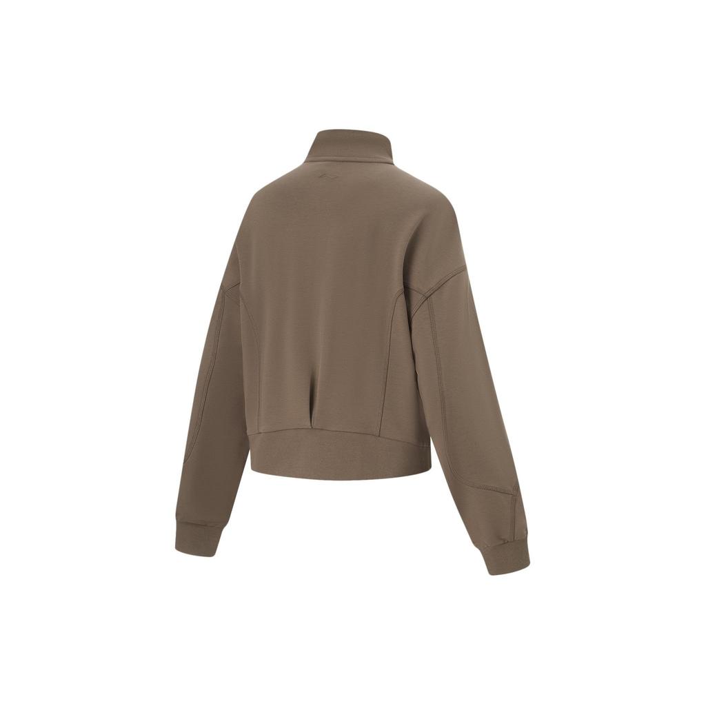Li-Ning Fitness Series Stand Collar Solid Color Zipper Long Sleeve Loose Cardigan Sweatshirt Women outerwear Mushroom-Brown AWDU764-2