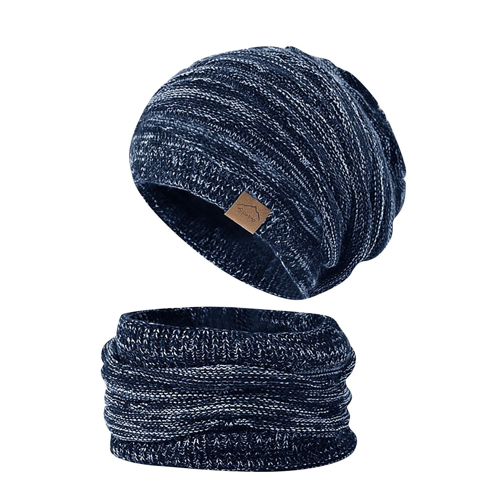 

Два комплекти чоловічої та жіночої вовняної шапки з потовщенням теплої вуха і холодної в’язки One Size Темно-синій
