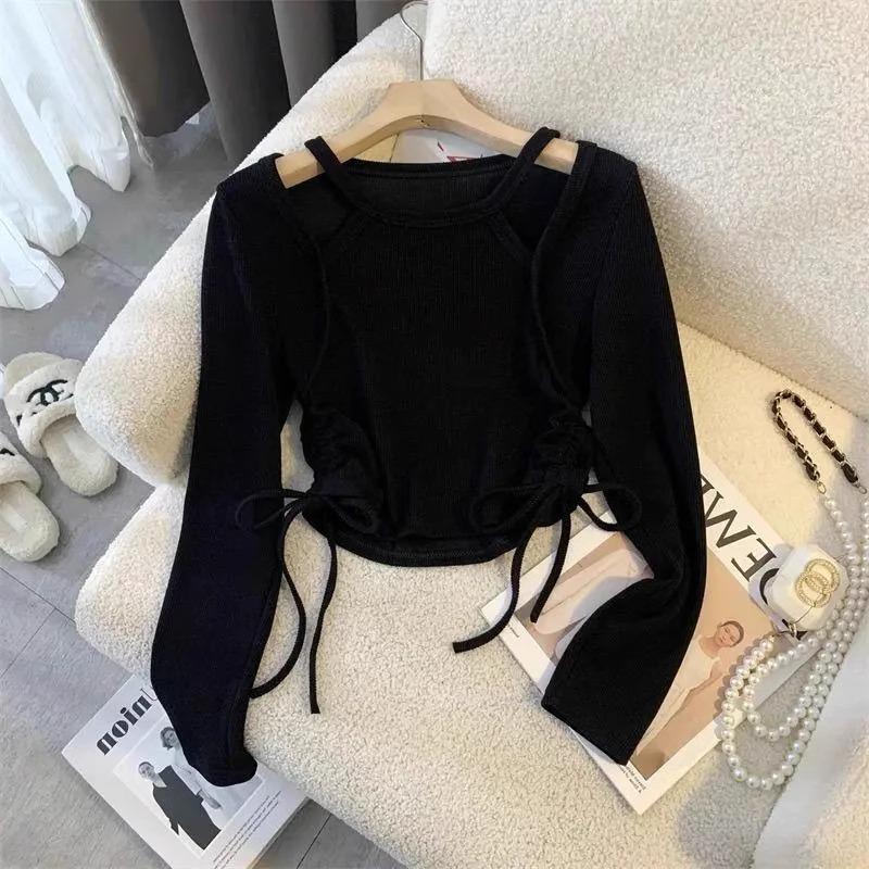 

Girls Cold Shoulder Cutout Two-Piece Look Top – Spring 2025, Irregular Drawstring Long/Short Sleeve T-Shirt 100 чёрный
