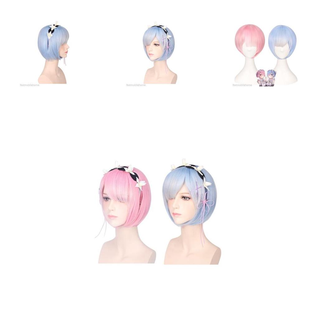 Premium Women Short Ram Rem Cosplay Wig With Stylish Adornment And Heat Resistant Synthetic Bob Hair
