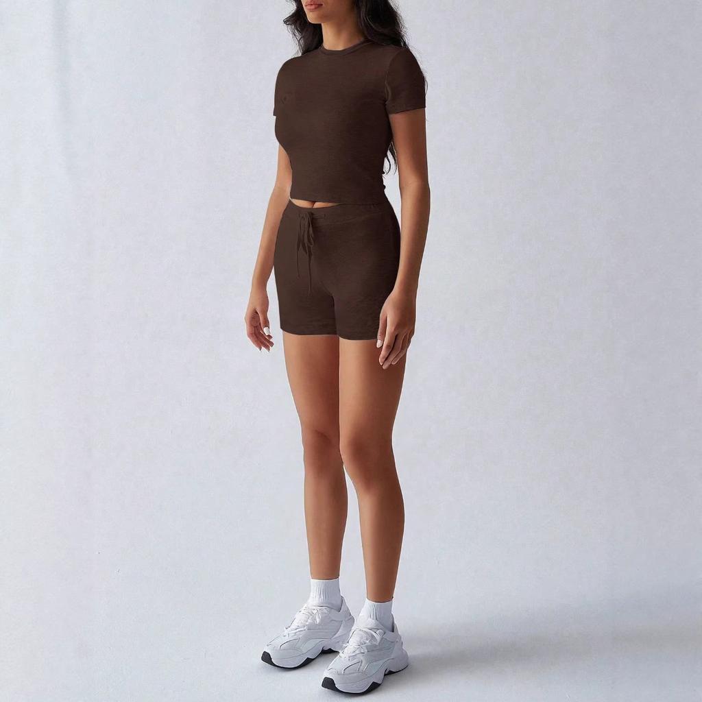 New Women's Solid Yoga Sportswear Set Short Sleeve T-shirt + Belted Shorts Casual Outfit For Spring Summer