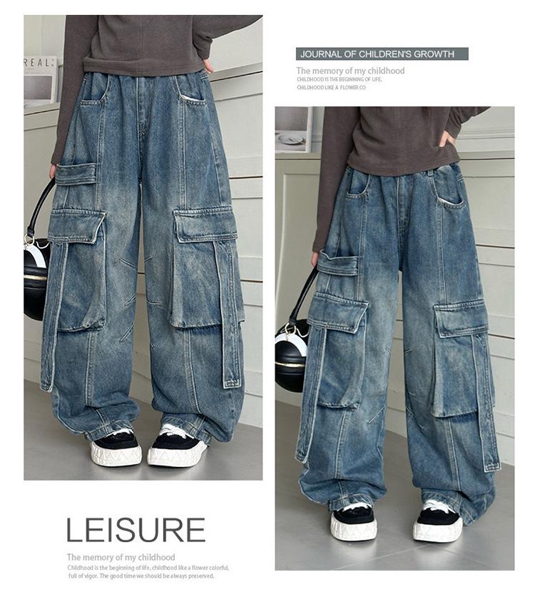 Girls' Retro Wide-Leg Cargo Jeans with Big Pockets - Distressed Loose Fit for Spring & Autumn