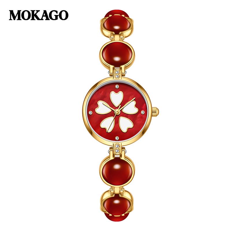 Moka Diamond Luminous Quartz Watch with Four-Leaf Clover Design, 30M Waterproof, Copper Band.