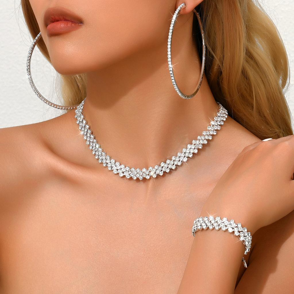 Light Luxury Zircon Bare Diamond Bridal Jewelry Two-Piece Wedding Dress Accessories Flower Earrings Necklace Set Jewelryset