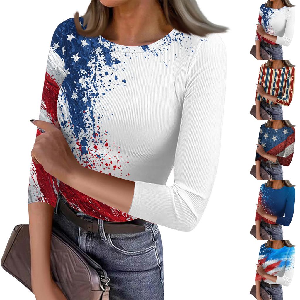 Women's Casual Fashion Round Neck Independence Day Print Three-Quarter Sleeve Ribbed Top