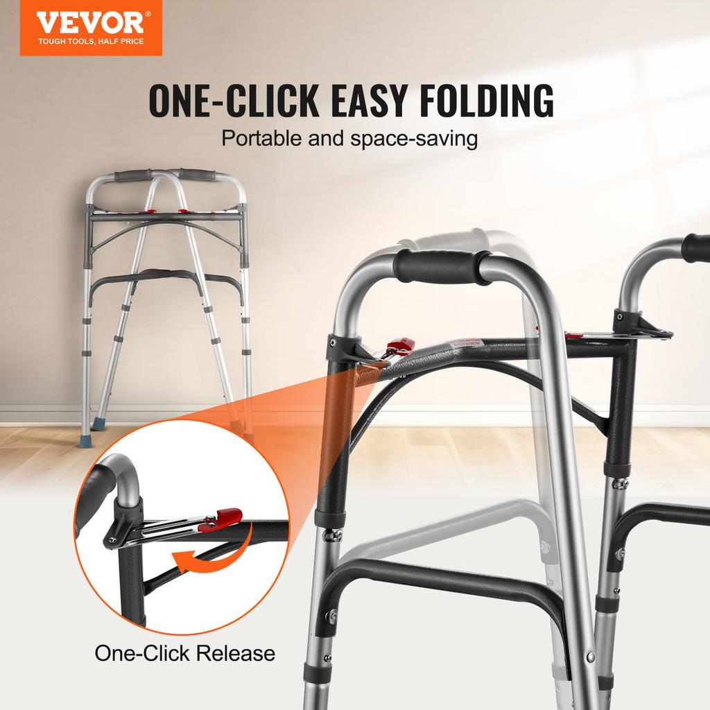 VEVOR Folding Walker, 2-Button Folding Walkers with 8-Level Adjustable Height and Durable Handles