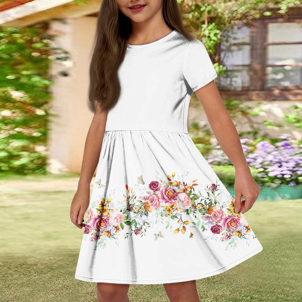 Mädchen Sommerkleid Einfarbig & Druck Ärmelloses Kleid mit Tasche Freizeitkleid Kurzarm Partykleid