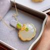 Vintage Style Faux Hetian Jade Longevity Lock Pendant Necklace for Women Brass Antique Gold Plated Jewelry