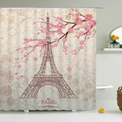 Eiffel Tower Paris Scenery Shower Curtain Vintage Scenery Cherry Blossom Butterfly Polyester Fabric Bath Curtains Bathroom Decor