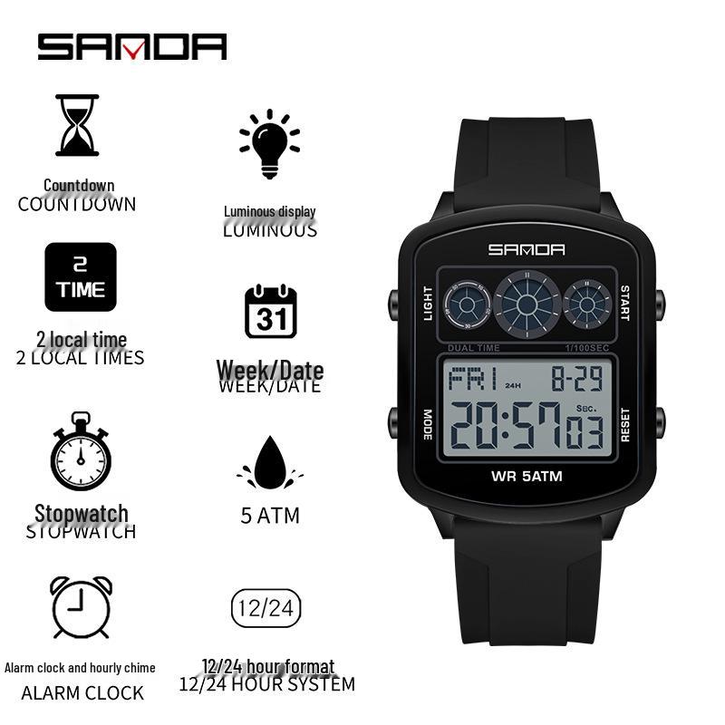 Sanda Dual Time Waterproof Transparent Sports Wristwatch with Colorful Single Display and Student Timer Function
