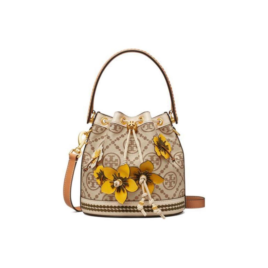 

Tory Burch T Monogram Classic Woven Floral Print Leather Bucket Bag Women bags Hazelnut-Brown 88963-371 Basic Set (Bag+Dust Bag)