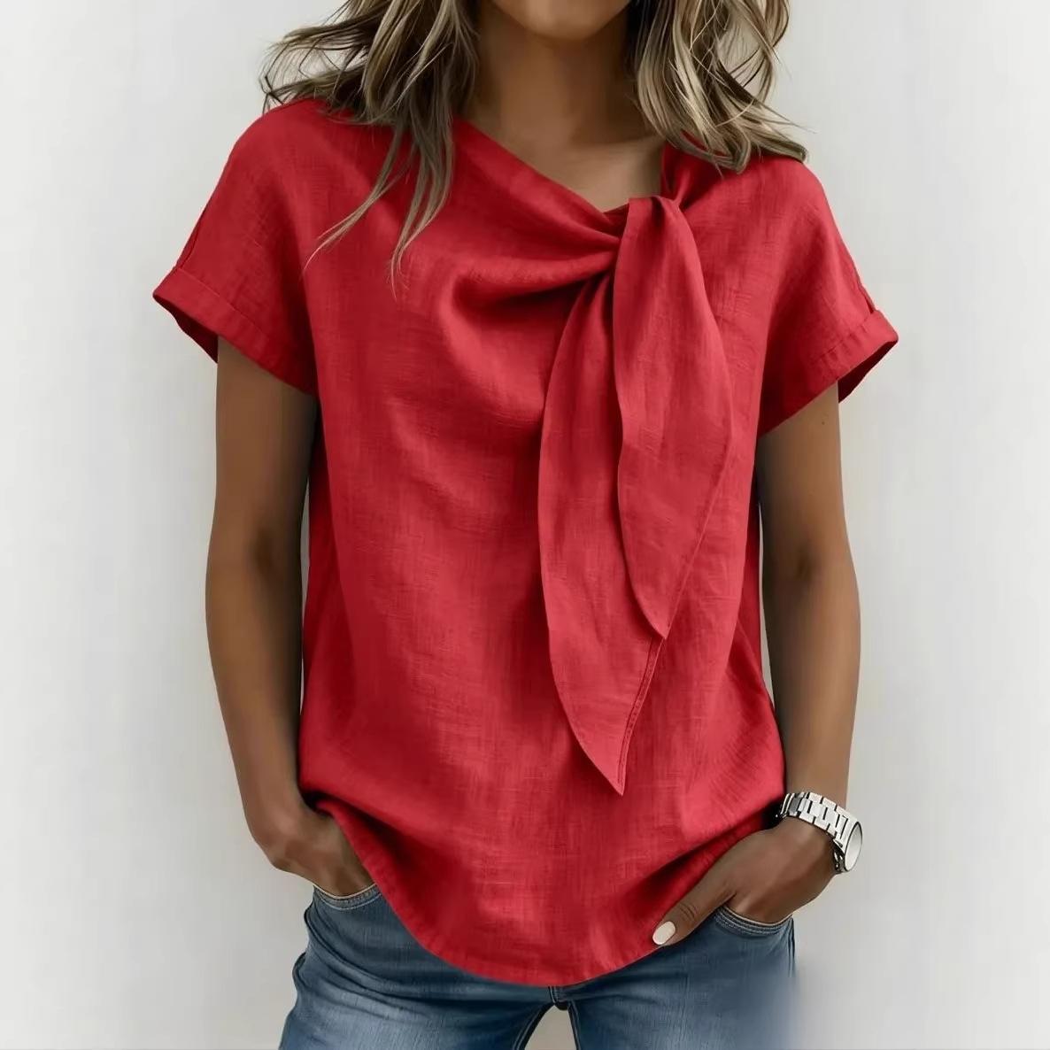 

Short Sleeve Blouse with Bow Detail In Multiple Colors 2XL красный