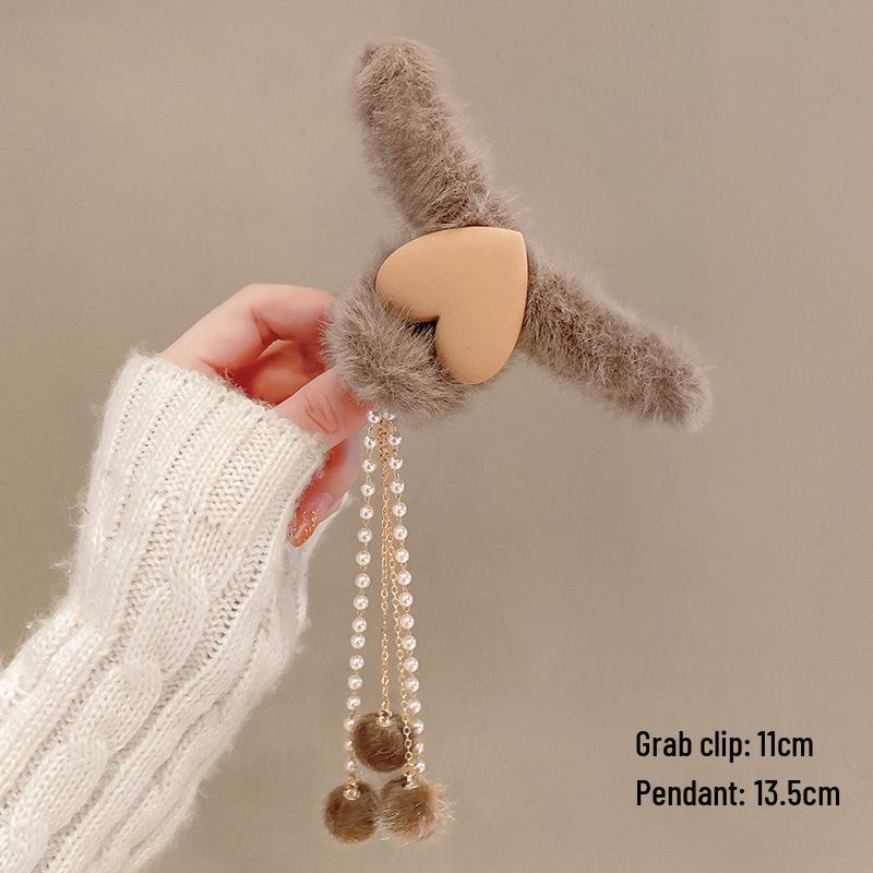 Korean Style Plush Bow Hair Clip with Tassel - Autumn/Winter Women's Hair Accessory