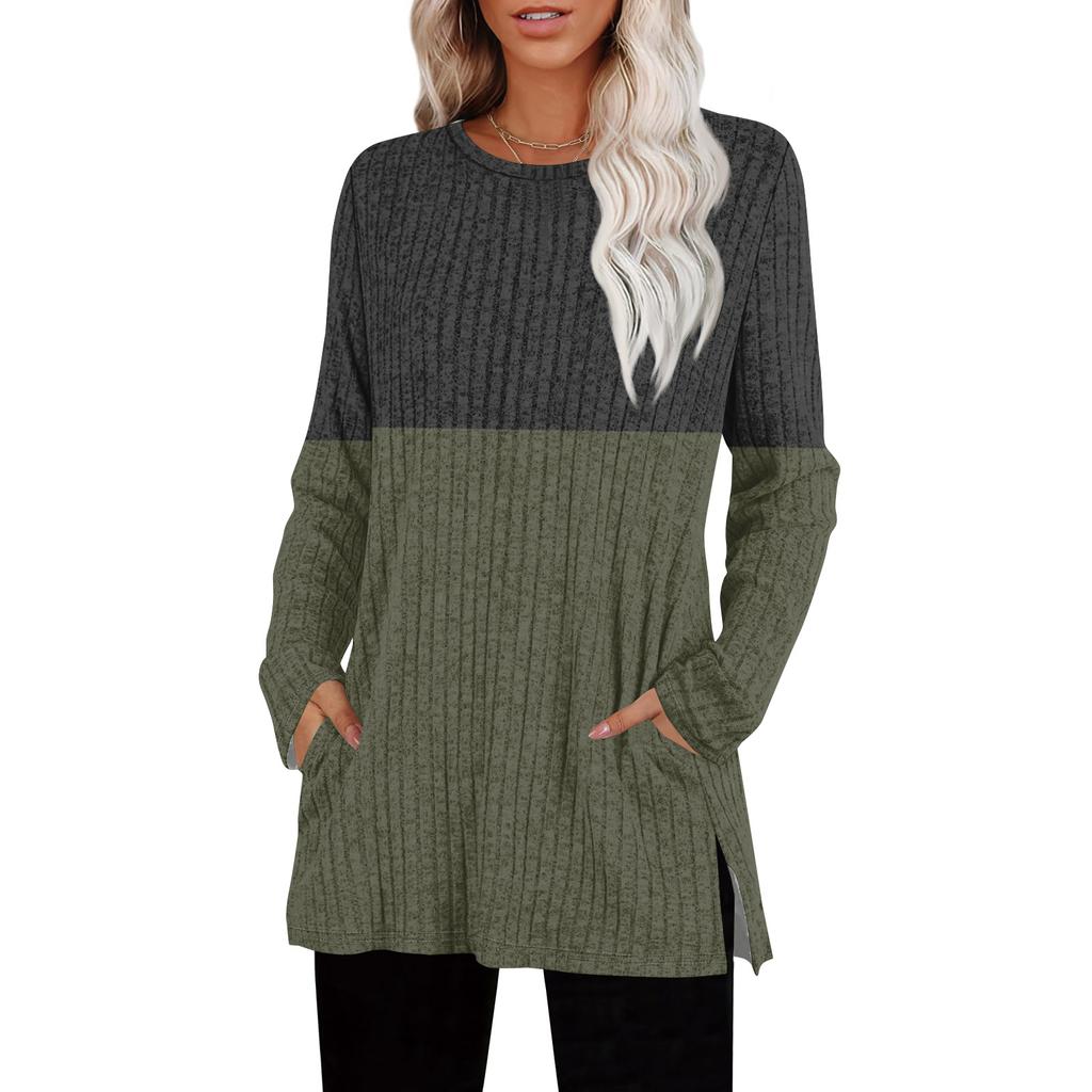 Womens Sweaters Crewneck Long Sleeve Shirts With Pockets Fall Outfits  Fashion Winter Clothing Side Slit