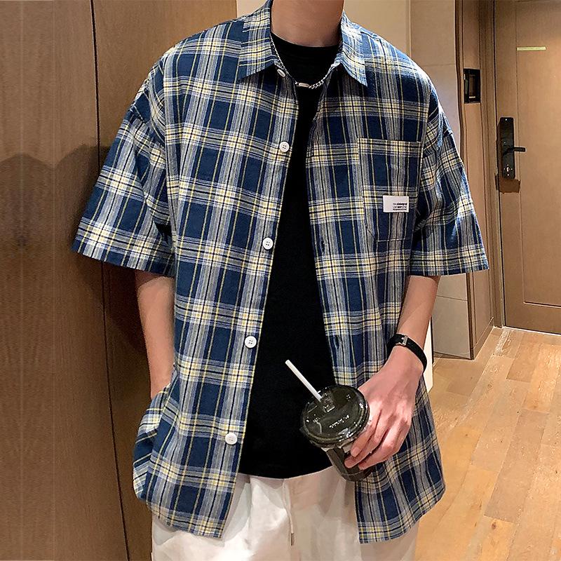 2024 Spring/Summer Plaid Short-Sleeve Loose Shirt for Male Students