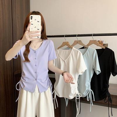 Günlük V Yaka Tek Düğmeli Tişörtler Yaz Modası Büzgülü İpli Kadın Giyim Düz Renk Temel Kore Kazakları