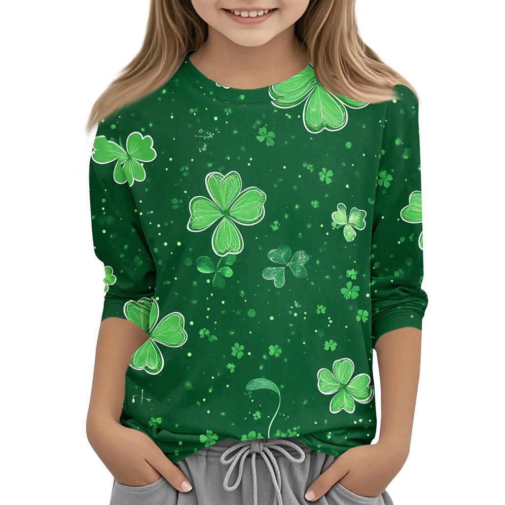 St. Patrick's Day Print Tops For Youth Girls 4-11 Years Round Neck 3/4 Sleeves T-Shirts Trendy Tops Outfit Tees