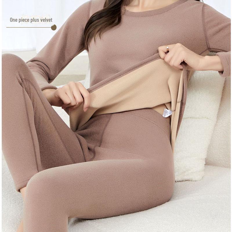 Damen Lammfell Thermo Unterwäsche Anzug, Plus Samt Verdickt, Nahtlos, Große Größe Basisschicht für Herbst/Winter.