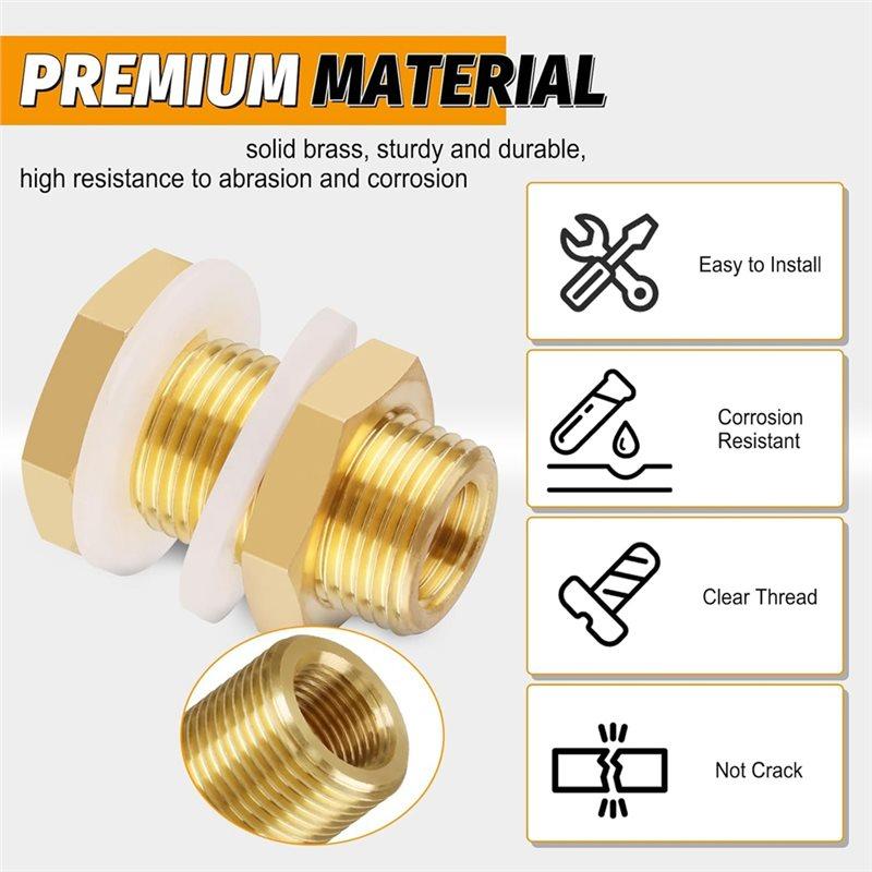 Solid Brass Bulkhead Fittings(2-Pack), 1/4 NPT Taper Female, 3/4" Straight Male Thread Water Tank Connectors