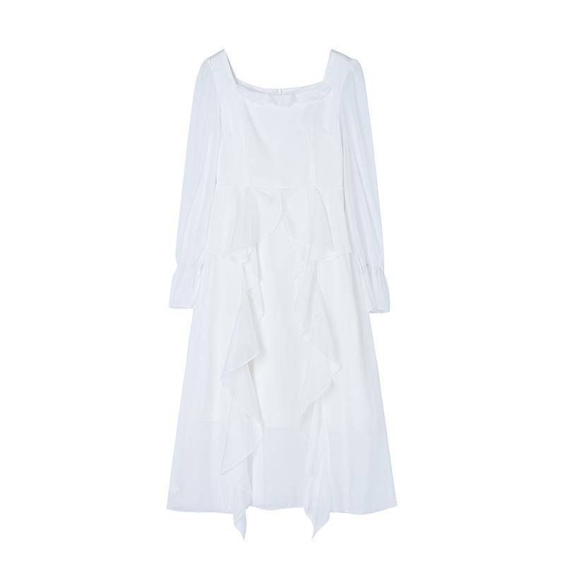 White French Ruffle Long Sleeve Dress: Waist-Defining Fairy Style for Seaside Vacations