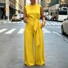 Womens Sleeveless Jumpsuit Wide Leg Casual Solid Color Round Neck Belted Waist Tie One Piece Romper
