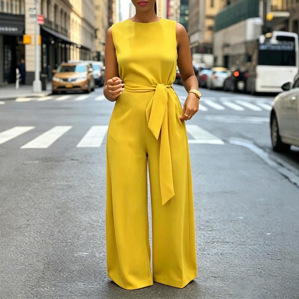 Womens Sleeveless Jumpsuit Wide Leg Casual Solid Color Round Neck Belted Waist Tie One Piece Romper