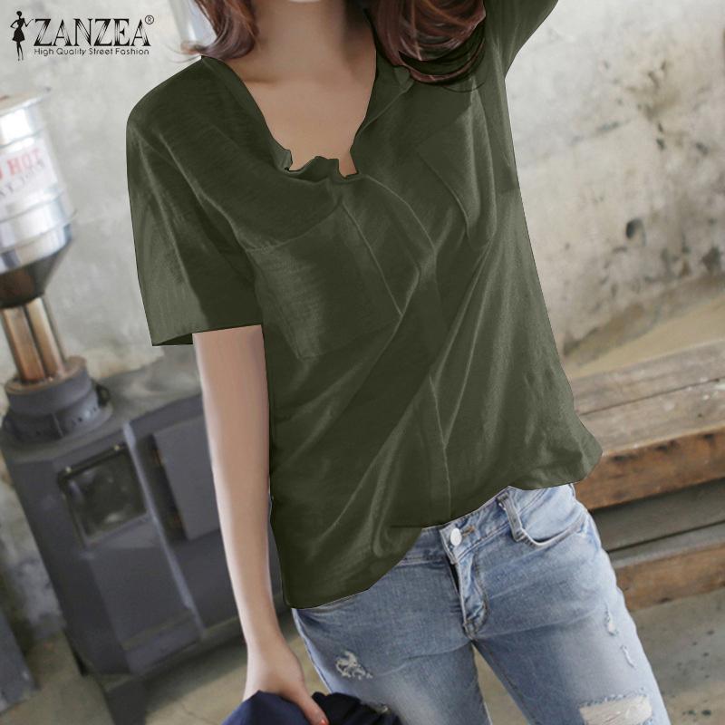 

ZANZEA Женщины с коротким рукавом V вырез Рубашка Лето Повседневная Свободная простая блузка Топы