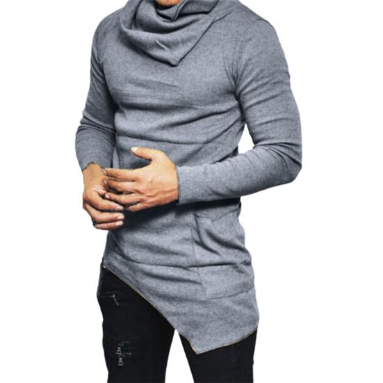 

Men Shirt Solid Color Pile-up Collar Casual Pullover Long Sleeve Irregular Spring Top for Daily Wear M сірий