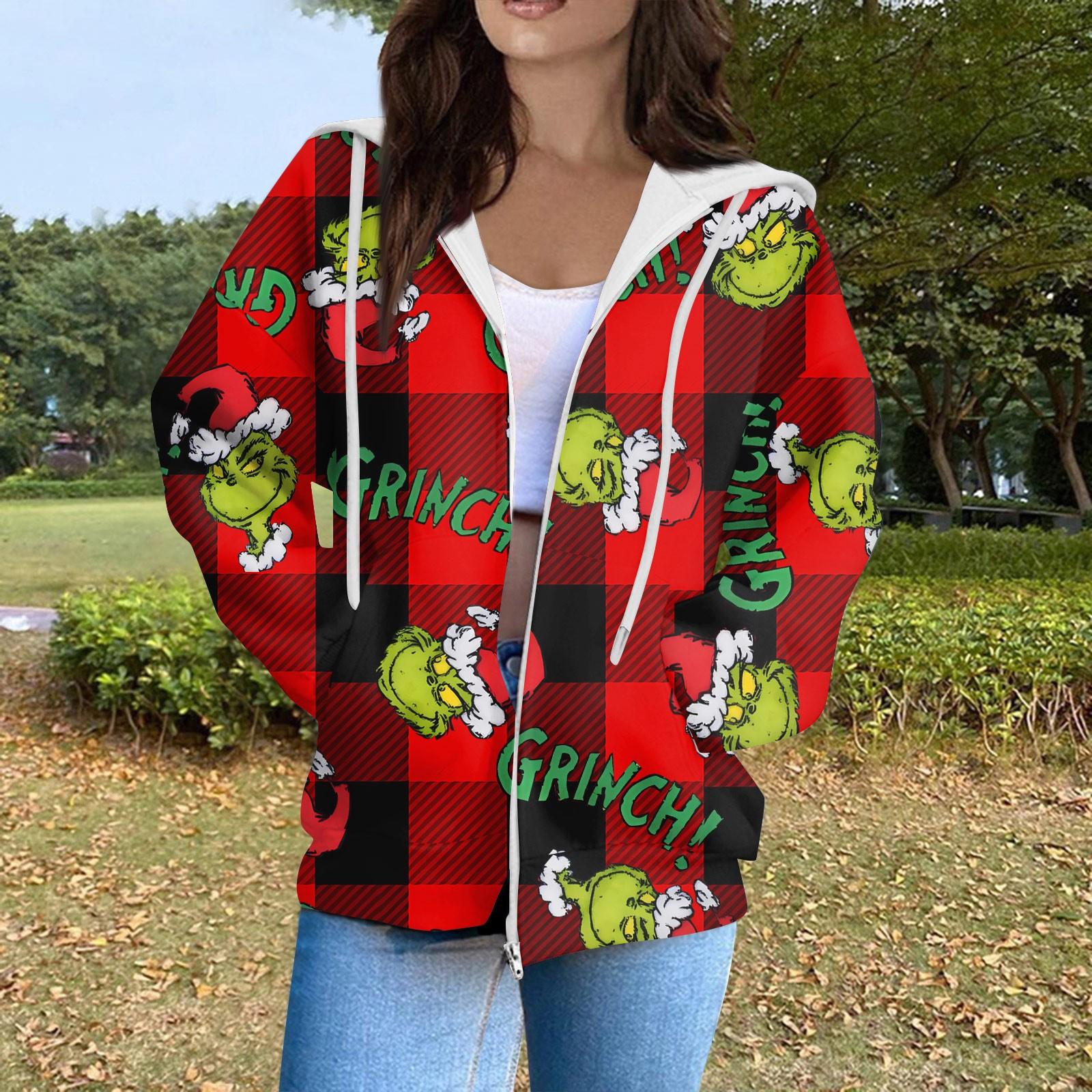 

Женская модная повседневная толстовка с рождественским принтом и длинными рукавами, карманная куртка, пальто с капюшоном на молнии XL винный