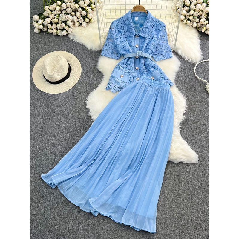 Single-Breasted Lace Pleated Skirt Fashion Suit