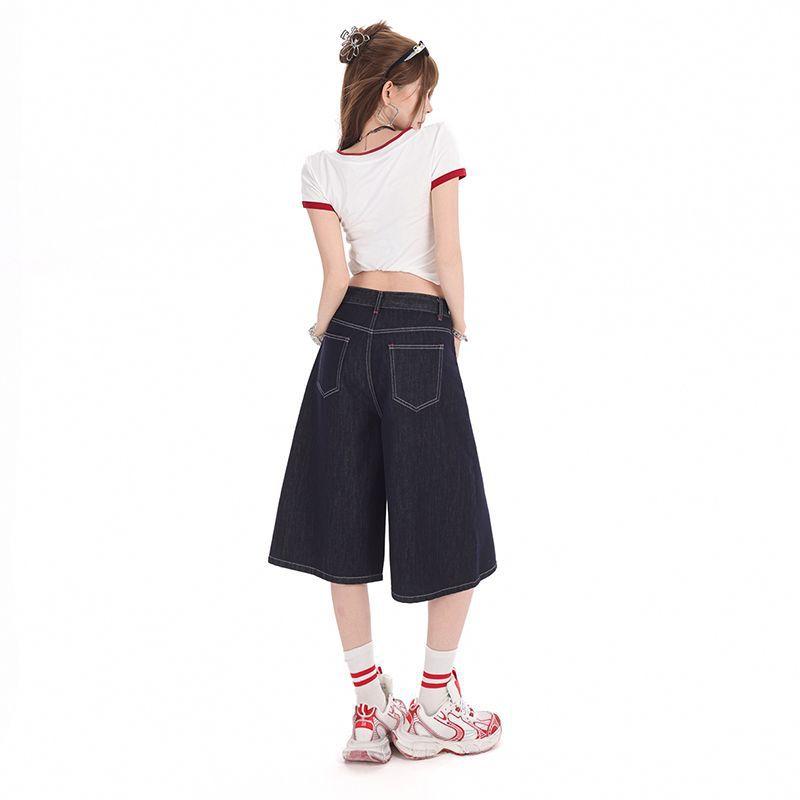 Fashion Denim Dark Blue High Waist Loose Wide Leg Cropped Capri Denim Pants For Women Trendy Versatile Slimming FigureFlattering Casual Capri Trousers
