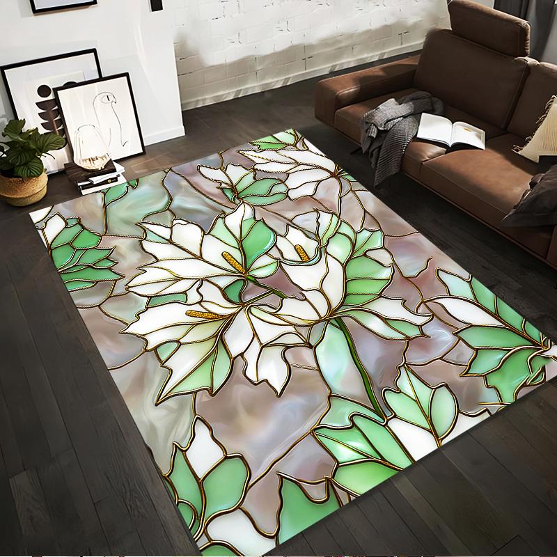 Stained Glass Effect Floral Carpet with Green and White Leaf Design Suitable for use as an anti-slip for living room bedroom sofas