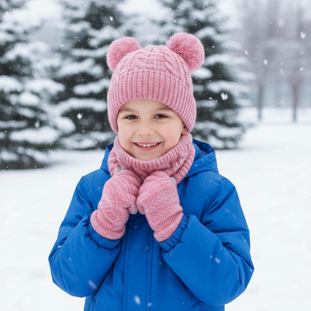 Thickened Baby Hat Scarf Gloves Set Warm Ears Kids Hat Set Fashion Toddler Knitted Hats  Girls