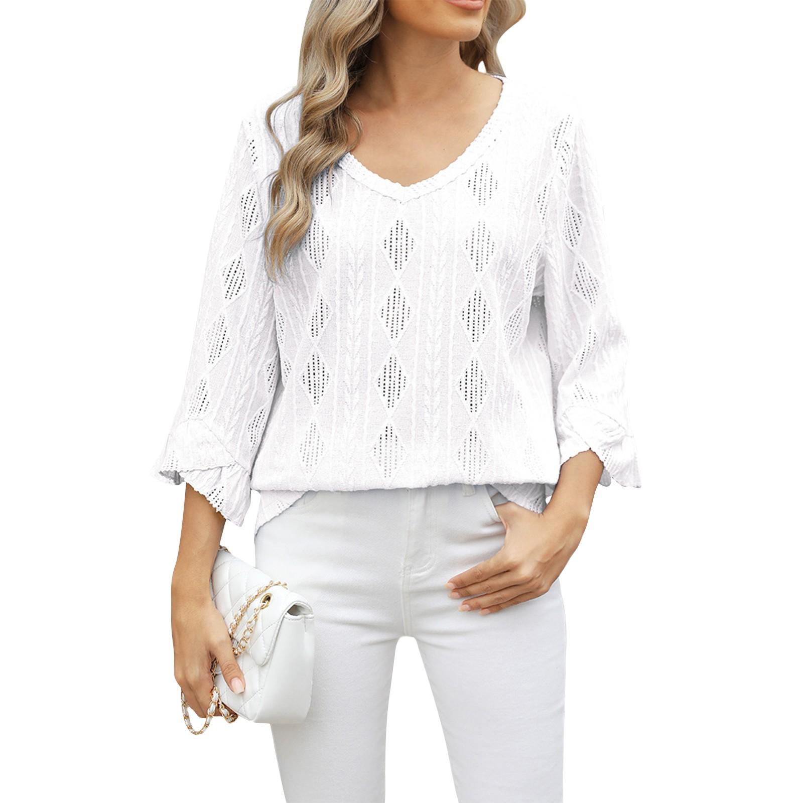 

Женская повседневная модная сексуальная удобная однотонная свободная футболка с V-образным вырезом и короткими рукавами три четверти XL белый