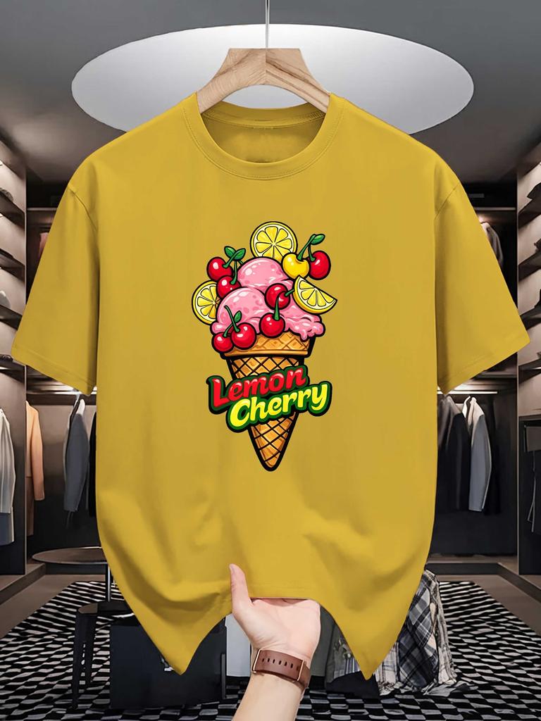 Unisex Summer Short Sleeve Crew Neck Tee Cartoon Lemon Cherry Ice Cream Print Casual Loose Fashion Streetwear Daily Basic Top
