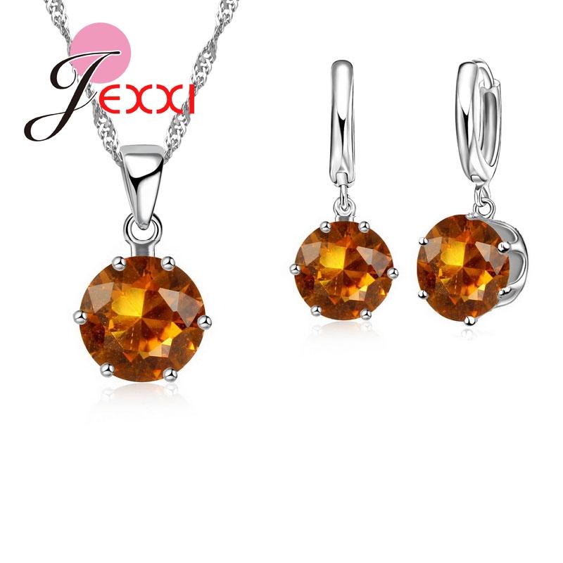 New Fashion 925 Silver Color Shiny Crystals Rhinestones Stones Woman Earring Necklace Jewelry Set 16 Colors