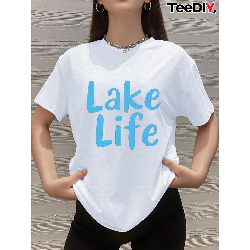 

Women S Plus Size Casual Short Sleeve T-Shirt - Lake Life Blue Geometric Print Round Neck Tee, Breathable All-Season Comfort Fit, Relaxed Fit Top S белый