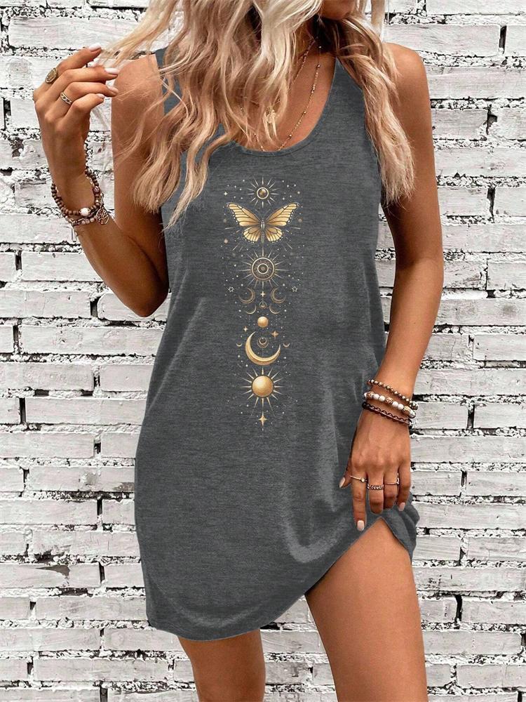 Damen Sommerkleid mit Rundhalsausschnitt und Schmetterlings-Sonne-Mond-Print — Lässiges Modisches und Trendiges Street Style Kleid