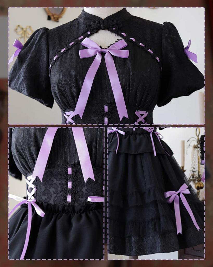 JIURUN Lolita Gothic Lolita Dress with 3D Panel Anime Bow Tie Plus Mori Sweet Gothic Cute Lady and Size One-Piece Pattern, Ruffles, Joints, Cosplay,