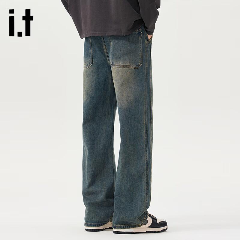 izzue Men's Retro Loose Straight Washed Jeans