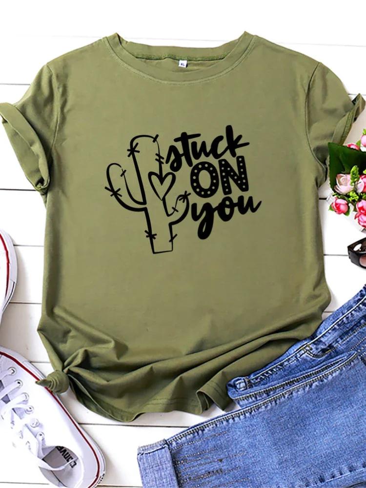 Atuck on You Cactus Print Women T Shirt Short Sleeve O Neck Loose Women Tshirt Ladies Tee Shirt Tops Camisetas Mujer
