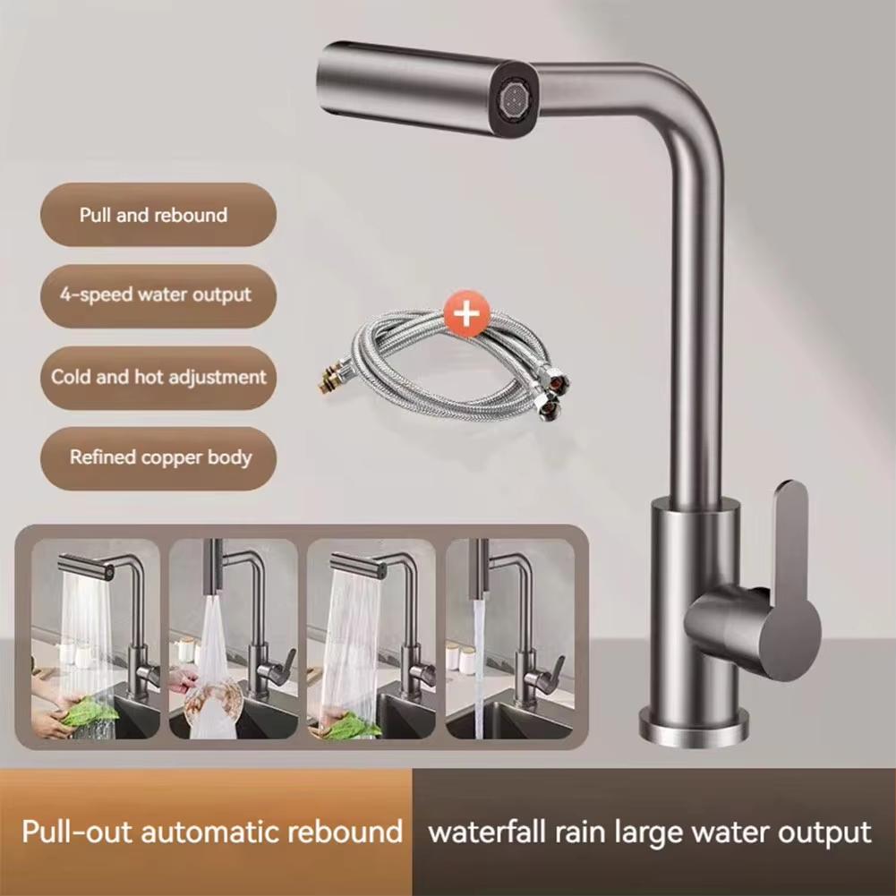 Silver Kitchen Faucet, Gray Rotating Waterfall Nozzle, Sink Mixer, Brushed Nickel Faucet Accessories, Four Functions
