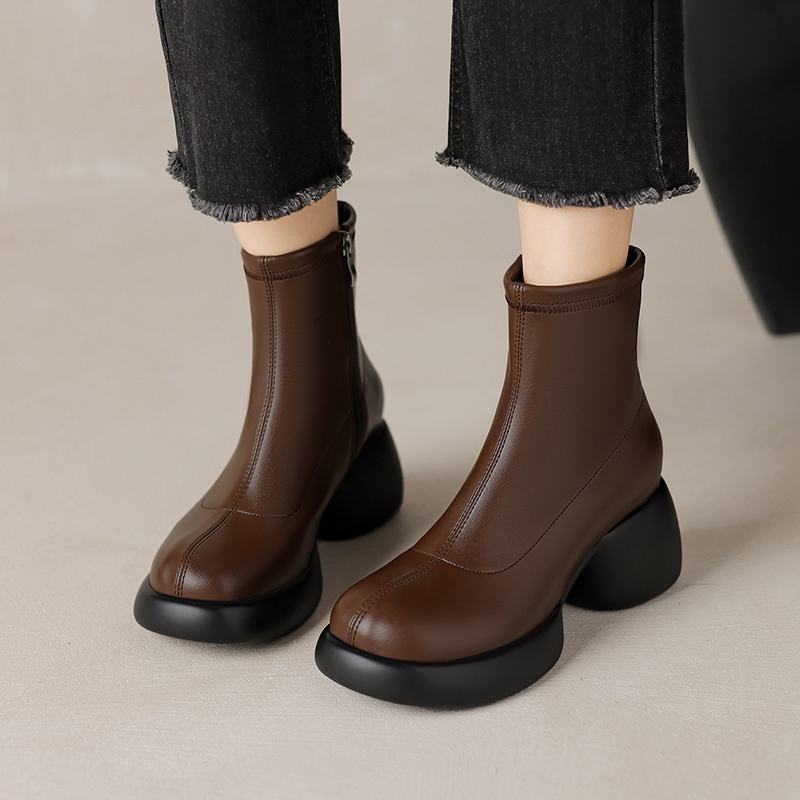 Krazing Pot Microfiber Winter Round High Heels Western Boots Women Zipper Size 43 Street Wear Platform Ankle Boots