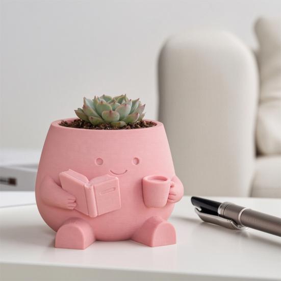 Sød Smilende Ansigt Planteholder, 3D Printet Læsende Hoved Planteholder, Siddende Figur Med Bog Og Kop Plante Pot til Sukkulenter Kaktus Skrivebordsdekoration
