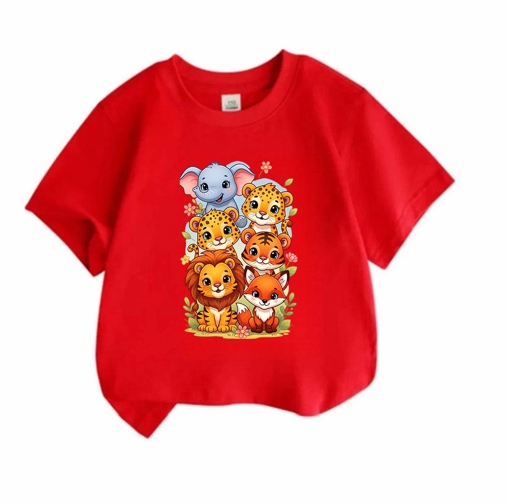 Cute Safari Animal Cartoon Print Kids T Shirt, 100% Cotton Short Sleeve O-neck Casual Tees for Boys Girls, Elephant Leopard Lion Fox Pattern Soft Comf