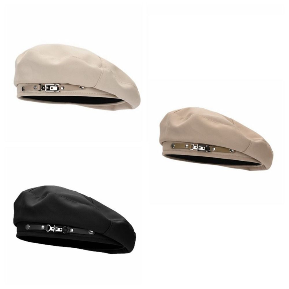 Big Head Circumference Metal Buckle Octagonal Hat Solid Color Painter Cap Vintage Beret Hat  Women